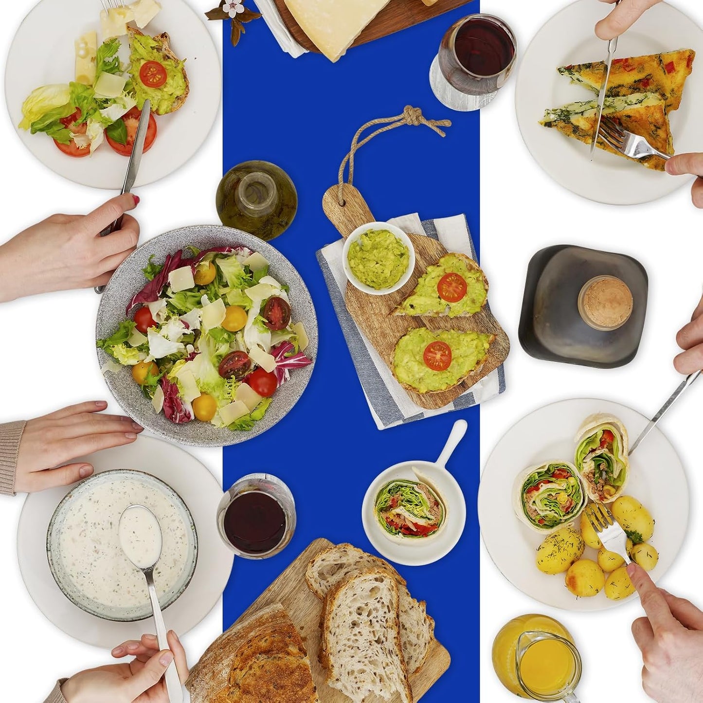 6 Pack Rectangle Plastic Dot Tablecloth Set, 54 X 108 Inch Plastic Table Cover, 12 x 108 Inch Satin Table Runners for Wedding Graduation Birthday New Year Party Decorations (White, Blue)