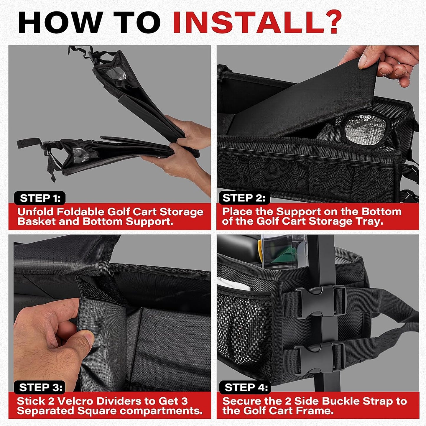 Golf Cart Storage Basket, No-Drilling Golf Cart Front Basket with Cooling Compartment & Adjustable Anti-Slip Buckle Strap, Fits Club Car, EZGO, Drive, Kandi Electric and ICON