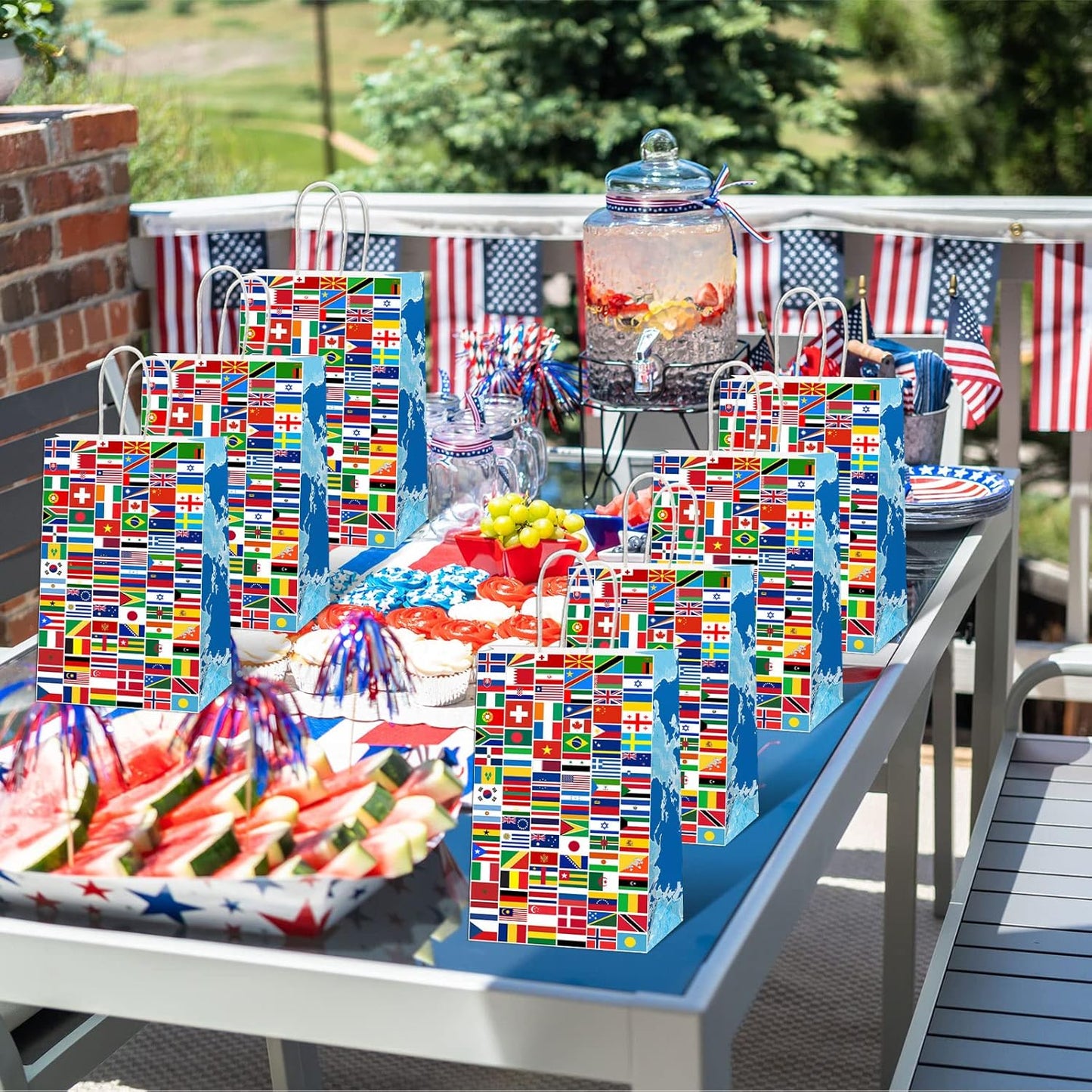 12 Pcs World Country Flags Party Supplies Bags International World Birthday Party Goody Bags Travel Trip Around the Globe Birthday Retirement Paper Bags Party Decorations Party Gifts