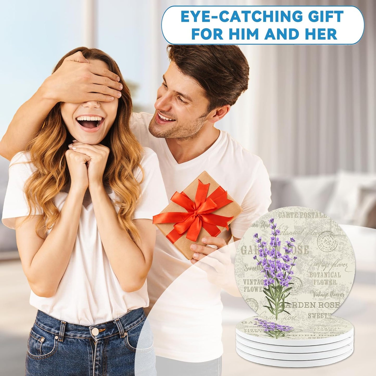 Vintage Lavender Flowers Round 4" Cup Coasters Set of 4, Absorbent Ceramic Stone Coasters with Cork Base, Ideal Home Decor Gifts for Women Men