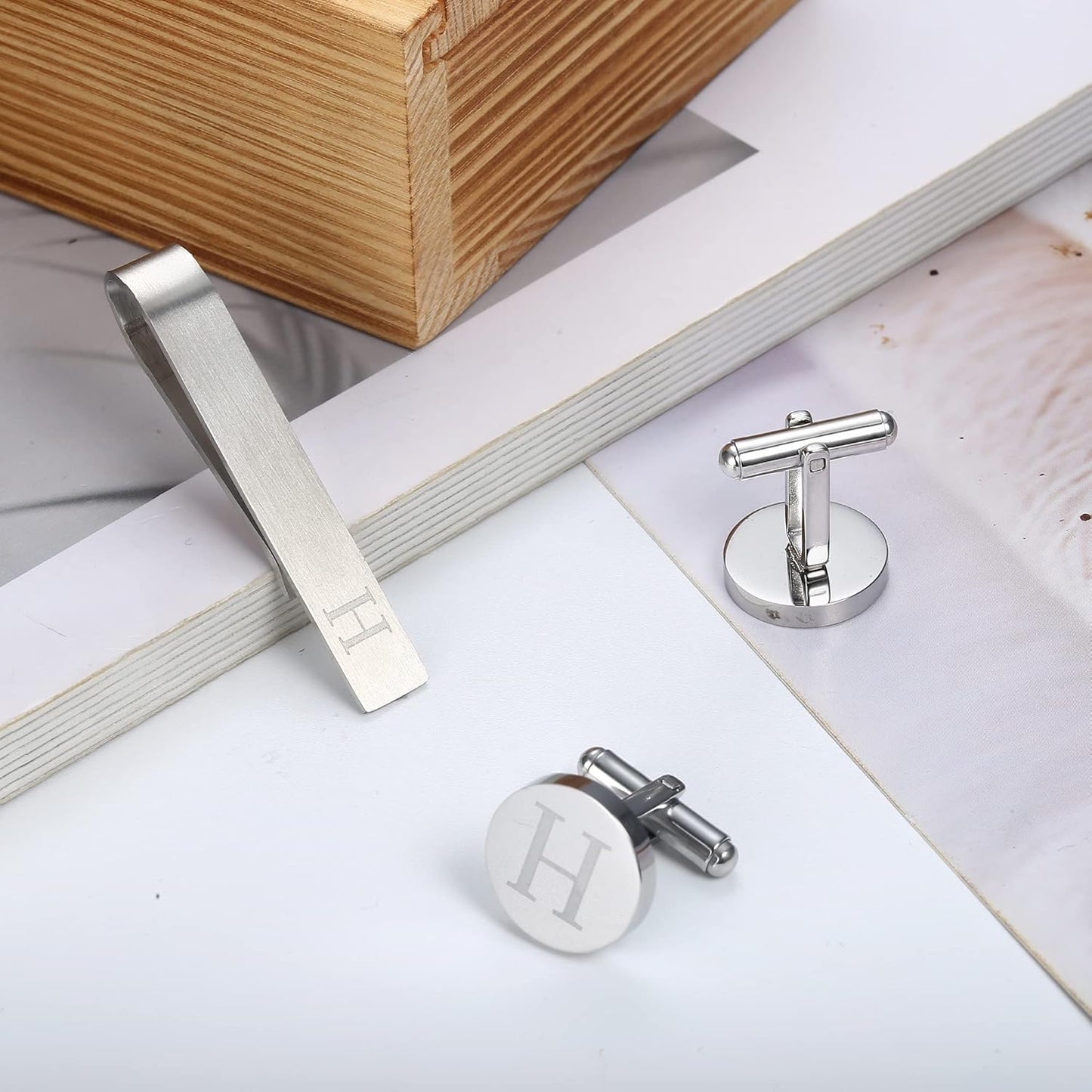 LOYALLOOK Stainless Steel Engraved Initial Cufflinks and Tie Clip Bar Set Alphabet Letter With Gift Box A-Z