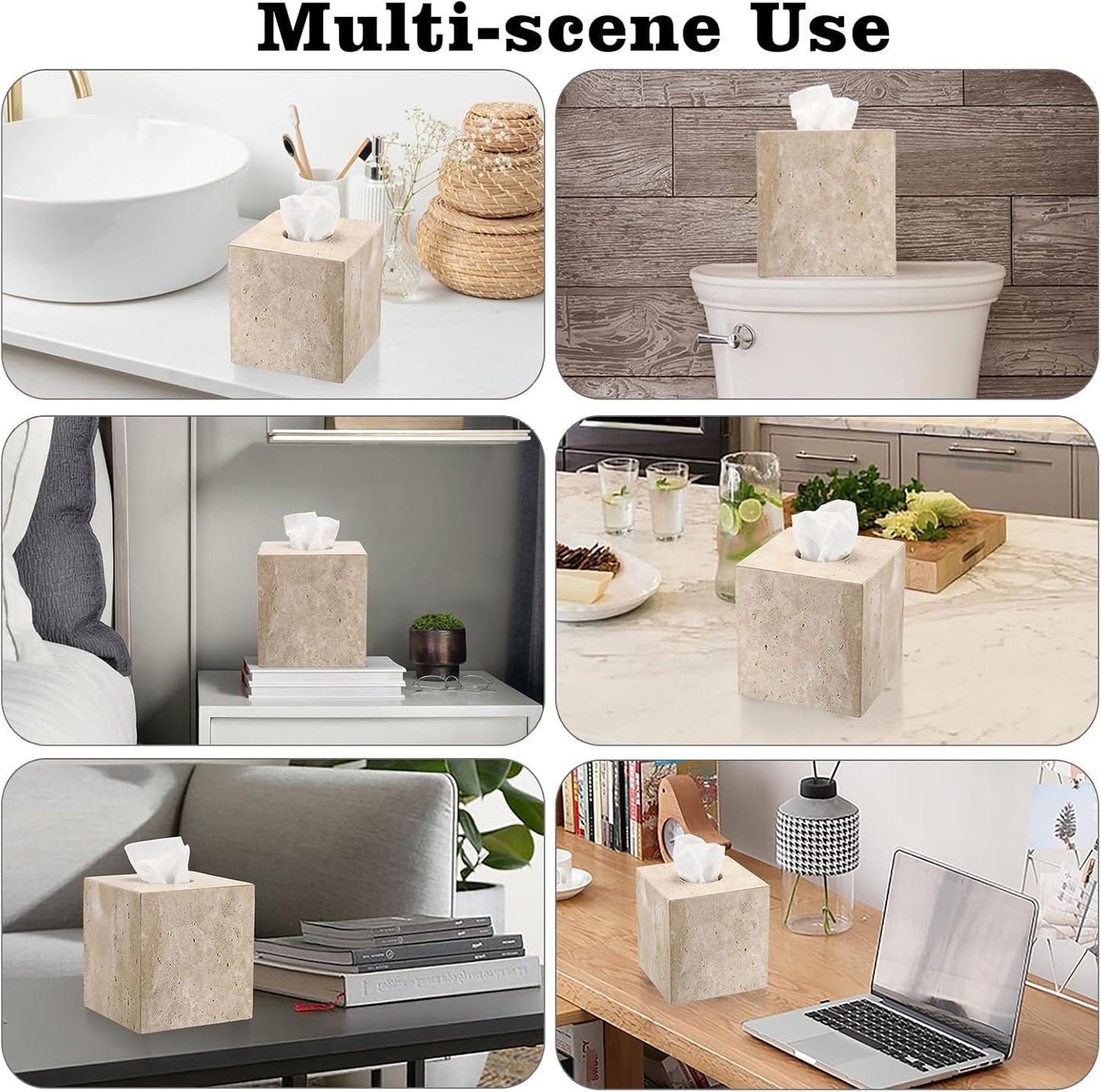 Sumnacon Square Tissue Box Cover Natural Travertine Tissue Cover with Pads, Heavy Duty Stone Tissue Box Holder,Gorgeous Tissue Holder for Toilet Bathroom Kitchen Bedroom Living Room Table,Light Beige