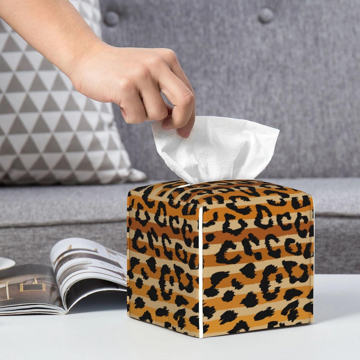 Leopard Prints Tissue Box Cover Square,Sand Leopard Stripes Tissue Box Holder Waterproof Leather Facial Paper Organizer Dispenser for Bathroom Home Car Nightstand Vanity Desk