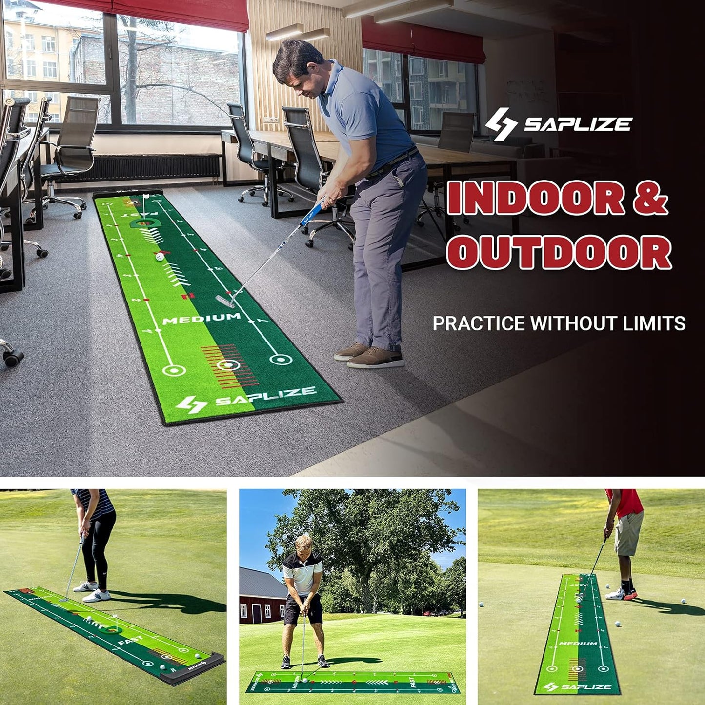 SAPLIZE Two-Speed Golf Practice Mat with Alignment Mirror, 20 in X 10 ft Training Aid Mat, Anti-Slip Backing Golf Putting Green for Indoor/Outdoor