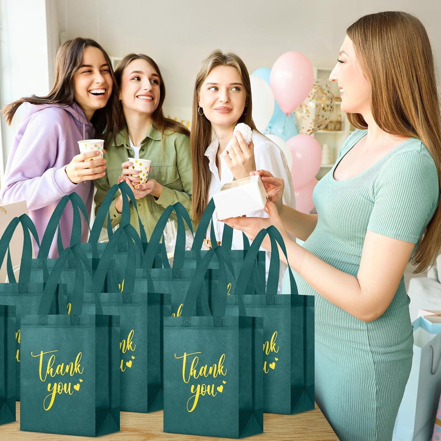 Sweetude 30 Pcs Thank You Gift Bags with Handles Bulk Reusable Goodie Bag Non Woven Foldable Handbag for Graduation Wedding Bridesmaid Gifts(10 x 8 x 4 Inch,Dark Green)