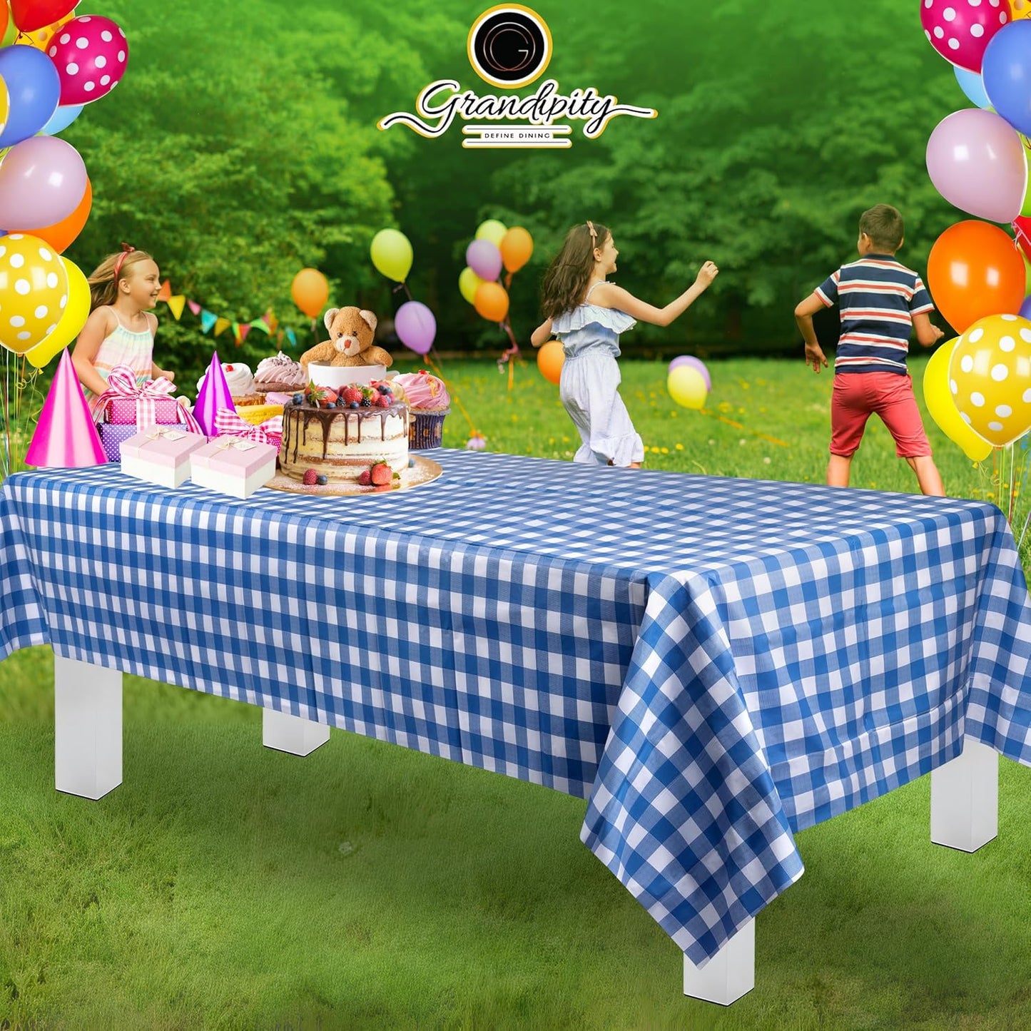 Grandipity 12 Pack Premium Disposable Plastic Picnic Tablecloth 54 Inch. x 108 Inch. Decorative Rectangle Table Cover - Blue Checkered Gingham