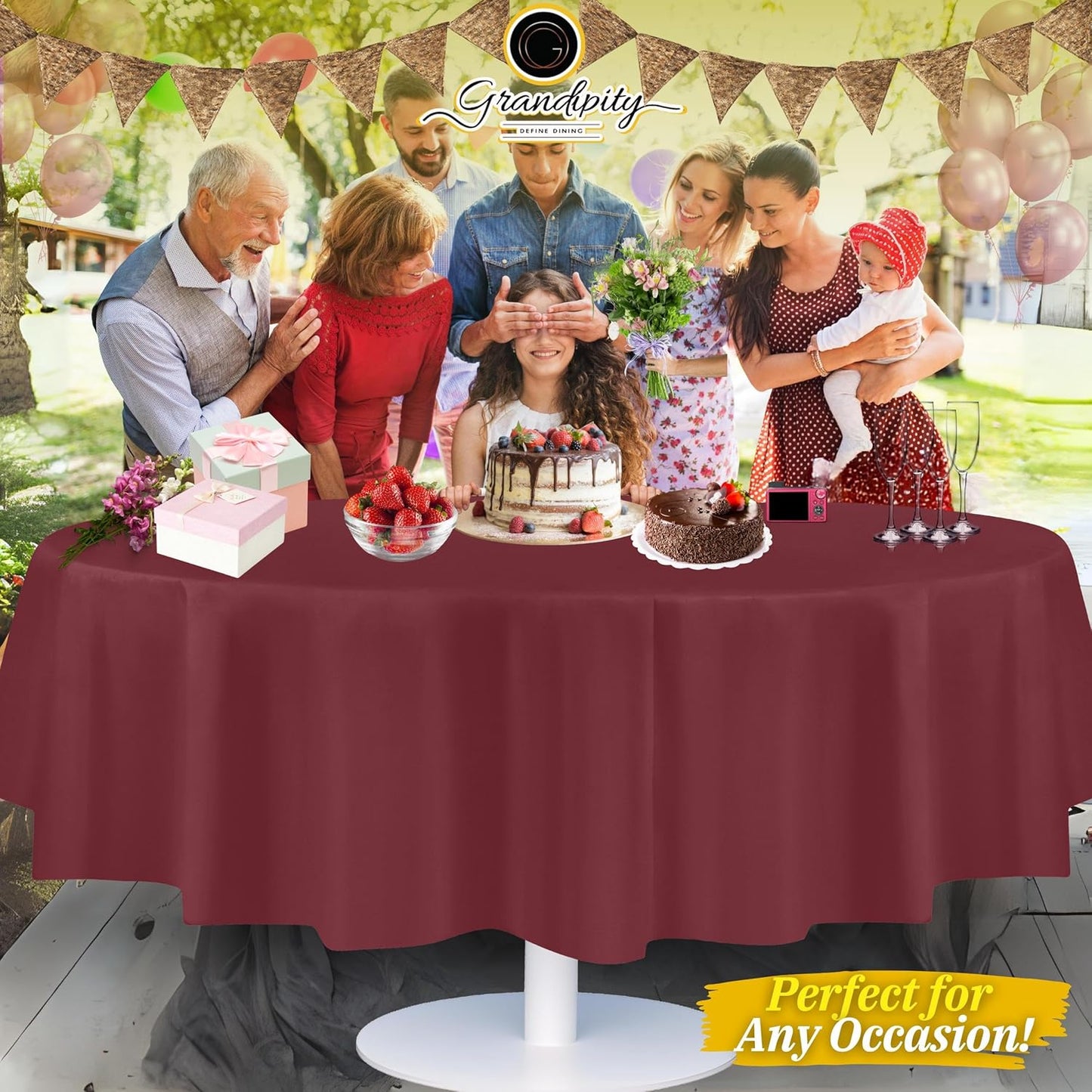 Grandipity 12 Pack Premium Disposable Plastic Tablecloth 84" Inch Decorative Round Table Cover - Burgundy