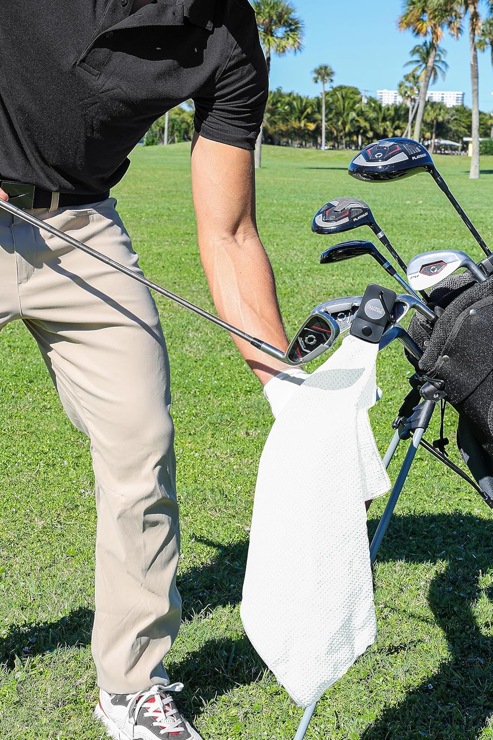 Magnetic Golf Towels for Golf Bags with Clip & Ultra Strong Magnet - Waffle Weave Microfiber Towel for Secure Hold on Bags & Carts - Ideal Club Cleaner & Accessories - White