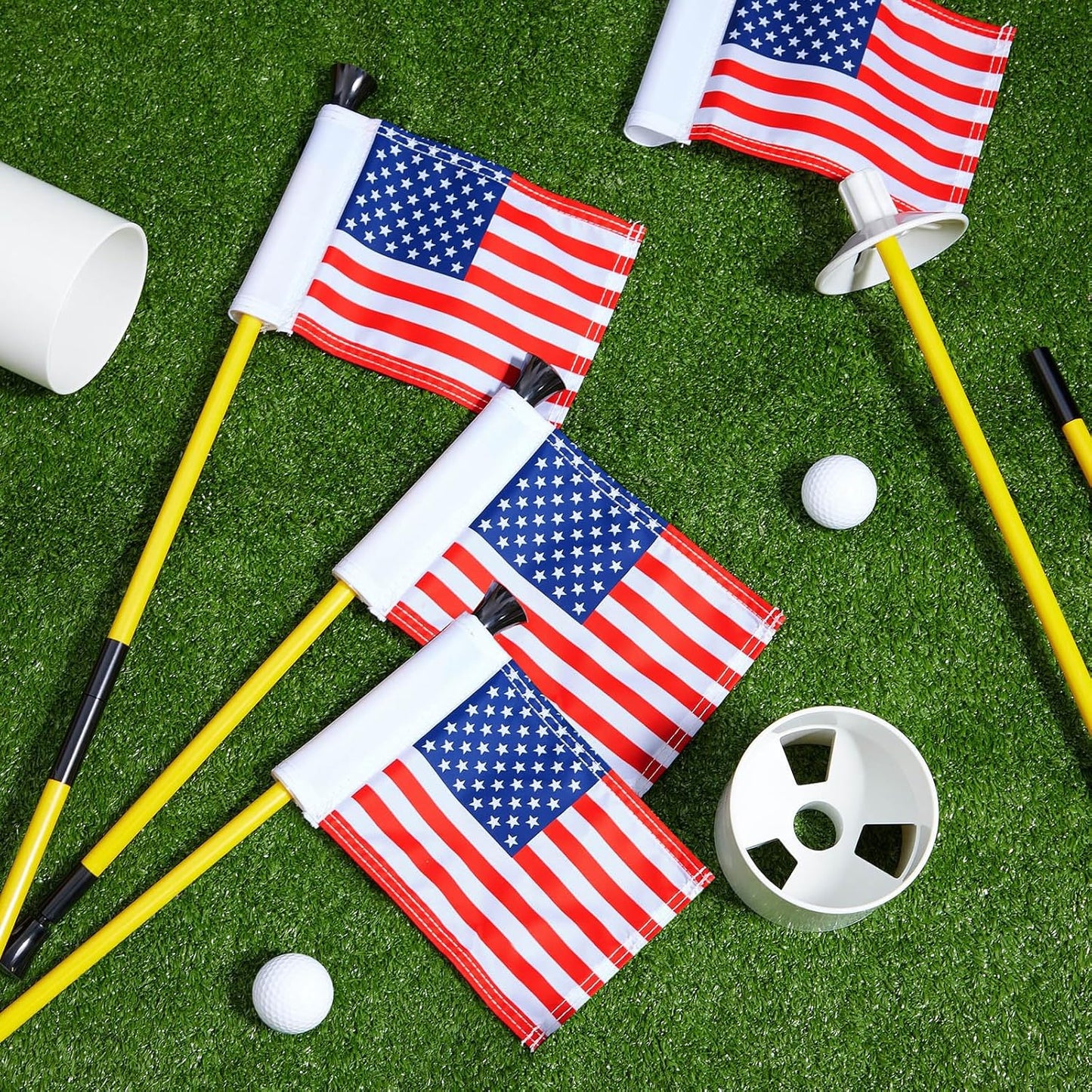 Meooeck 4 Pack Golf Flagstick 3ft Putting Green Pin Flag and Hole Cup Set for Yard Portable 2 Section Fiberglass Mini Golf Set for Driving Range Backyard, Double-side American Flag