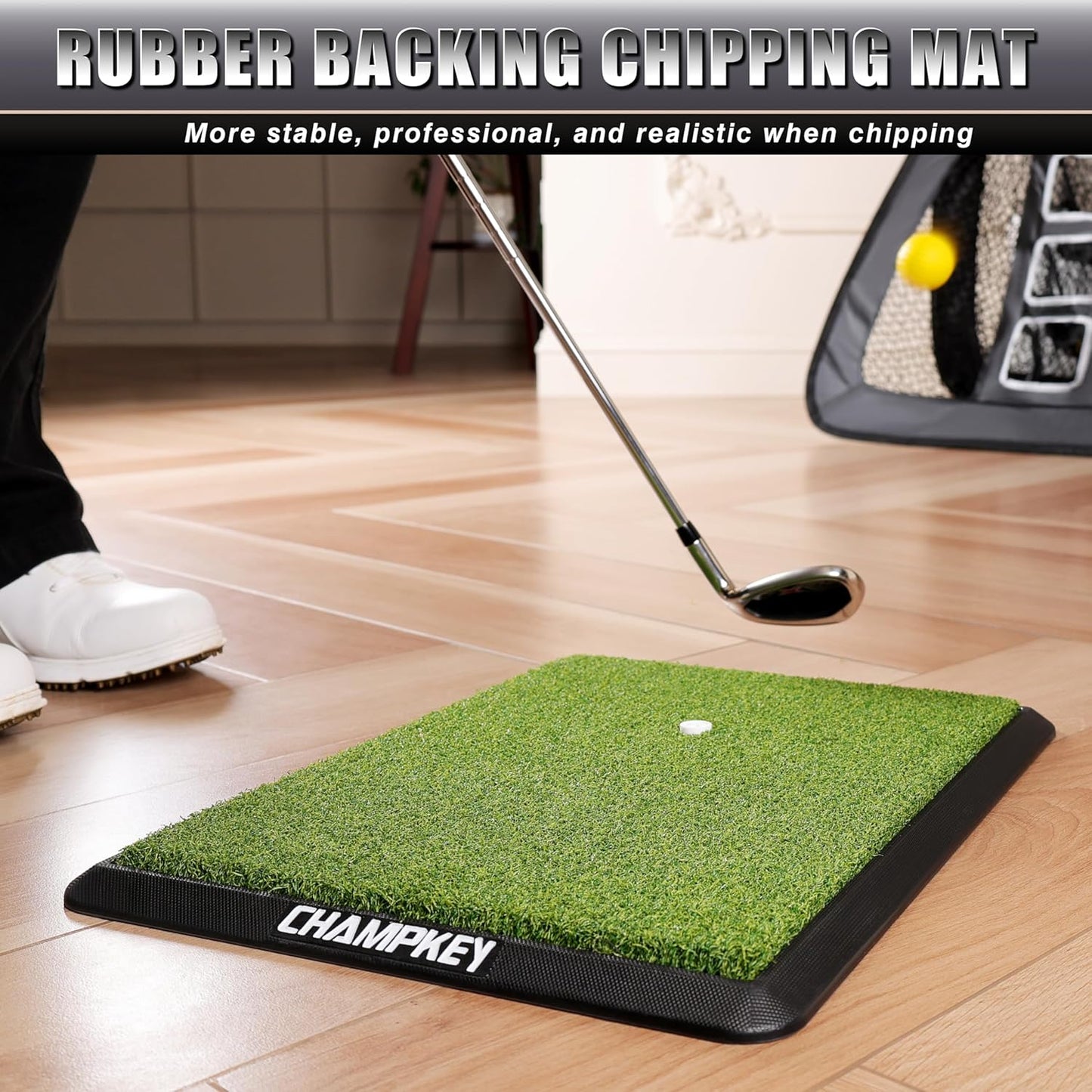 CHAMPKEY Double -Sided Golf Chipping Net with Mat and 12 Foam Balls - Professional Golf Practice Net Ideal for Indoor and Outdoor Training