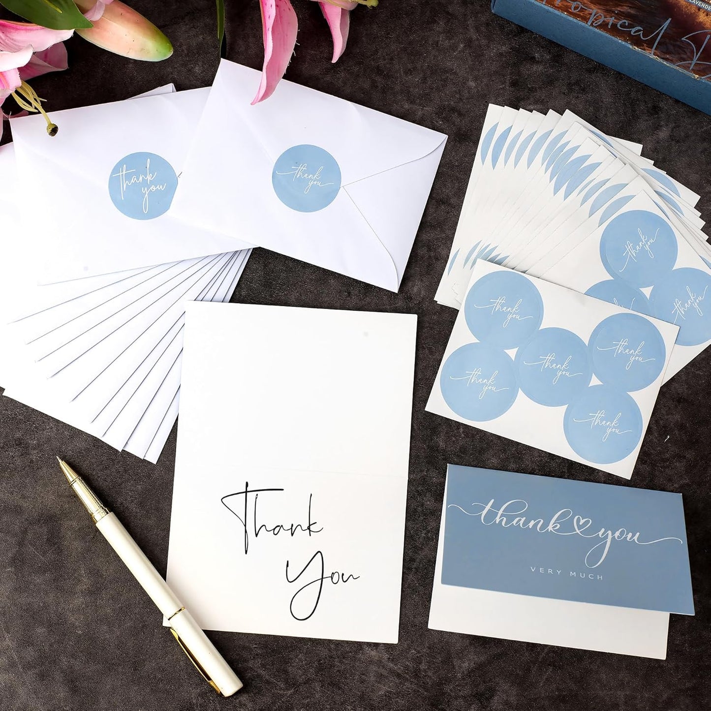 100 Bulk Light blue Thank You Cards with white Envelopes and stickers - 4 Minimalistic Designs Blank Thank You Notes with Envelopes for business Wedding Bridal Gift Baby Shower Business Graduation