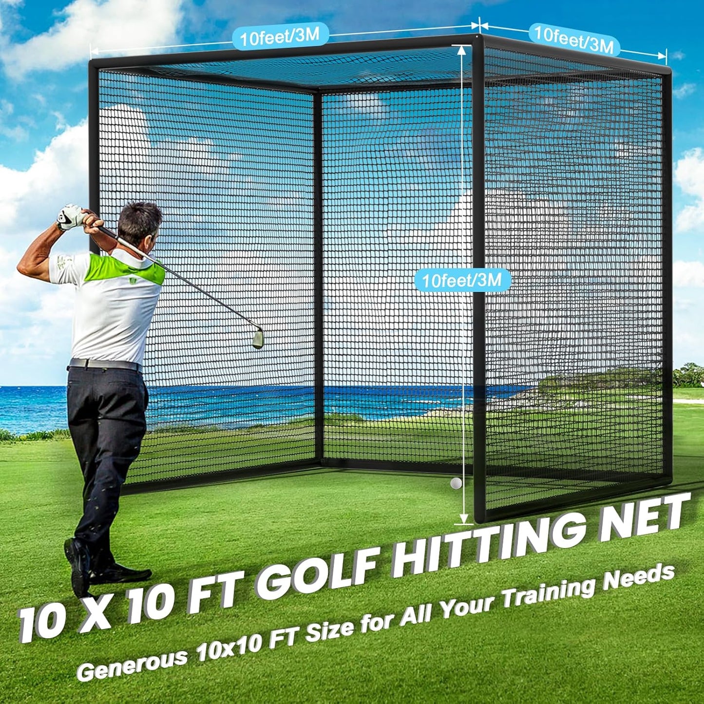 aikeec Golf Practice Hitting Net: 10 x10x 10 Ft Batting Cage Netting with Polyester Mesh, Roped Edges -for Backyard Driving, Garage, Indoor/Outdoor, Golf Simulator (Frame Not Included)