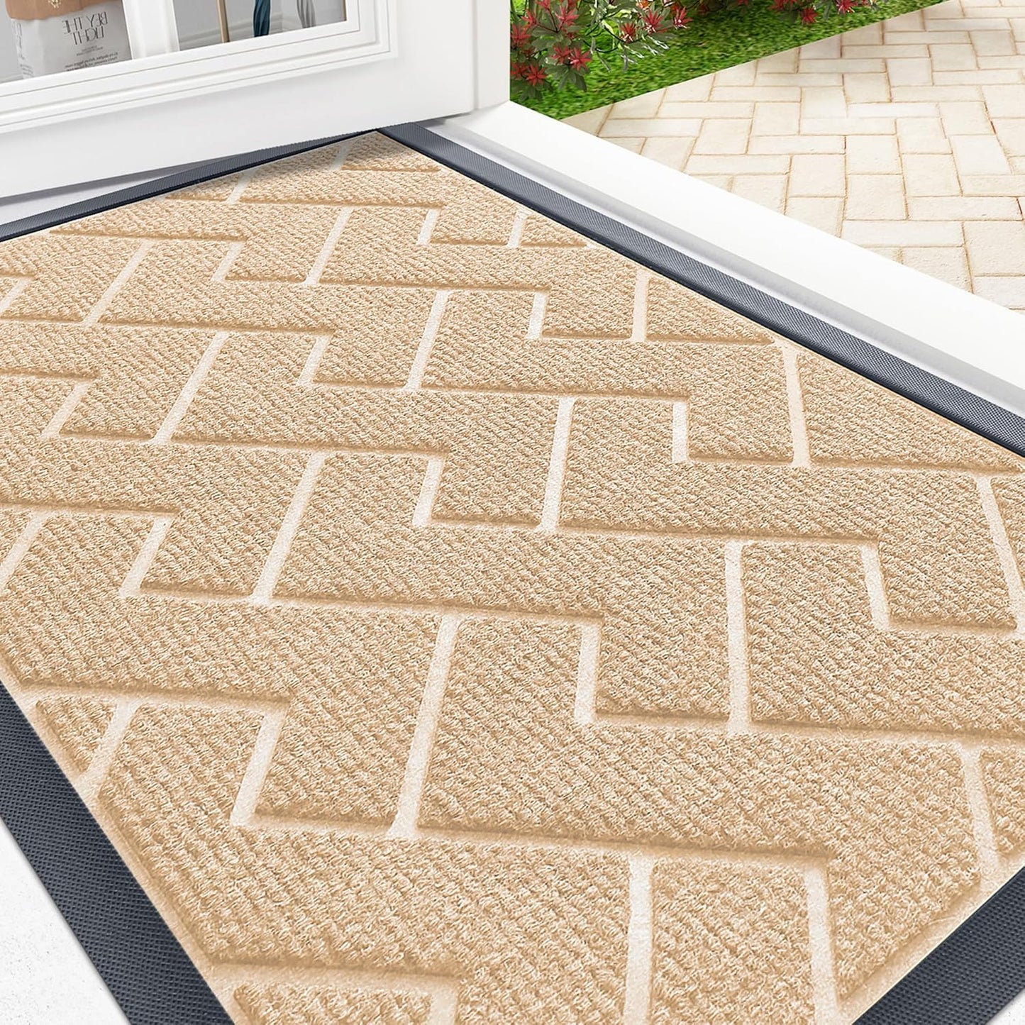 OLANLY Front Door Mat Indoor Outdoor Entrance, Waterproof All-Season, All-Weather Doormat, Sturdy Natural Rubber, Low Profile, Easy Clean Patio Porch Entryway Mat, Herringbone Brick (Beige, 47x17)