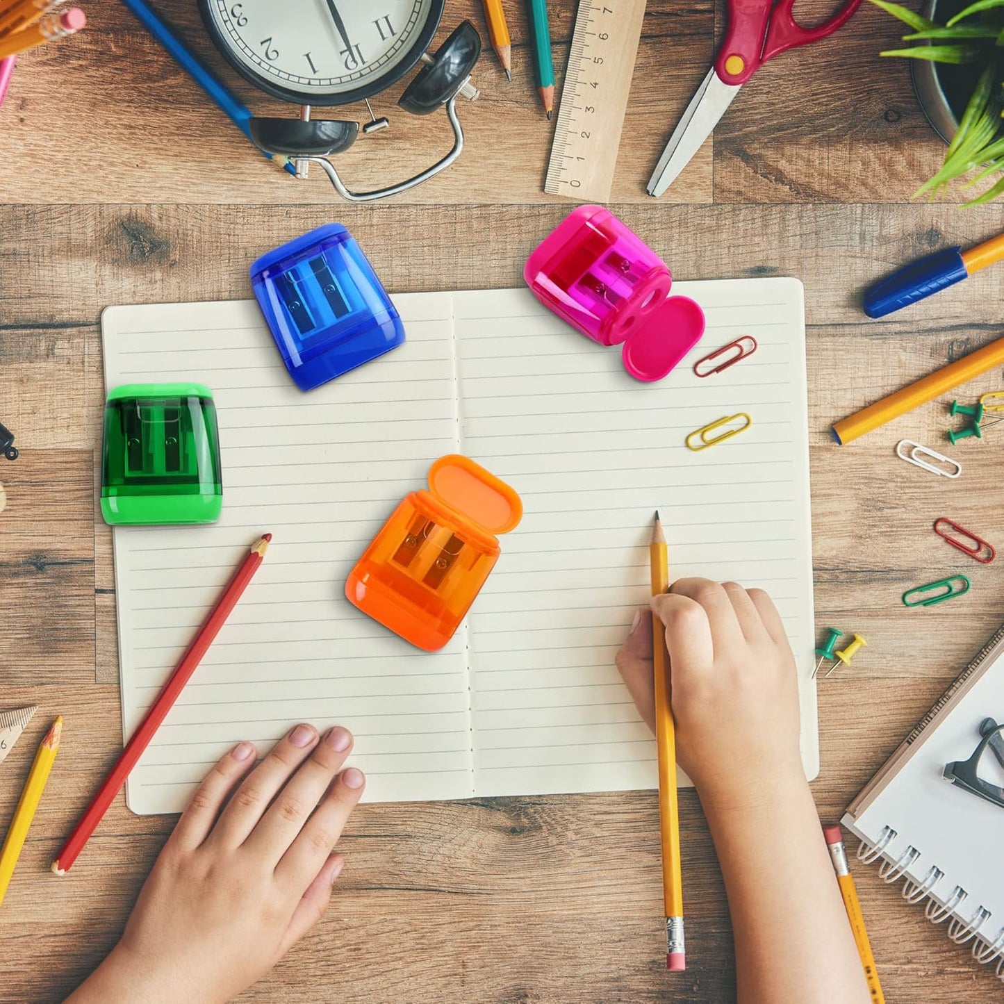 Aodaer 48 Pieces Manual Pencil Sharpeners Dual Hole Compact Sharpener with Lid for Kids Pencil Sharpener in School, Office, Home Mixed 4 Colors