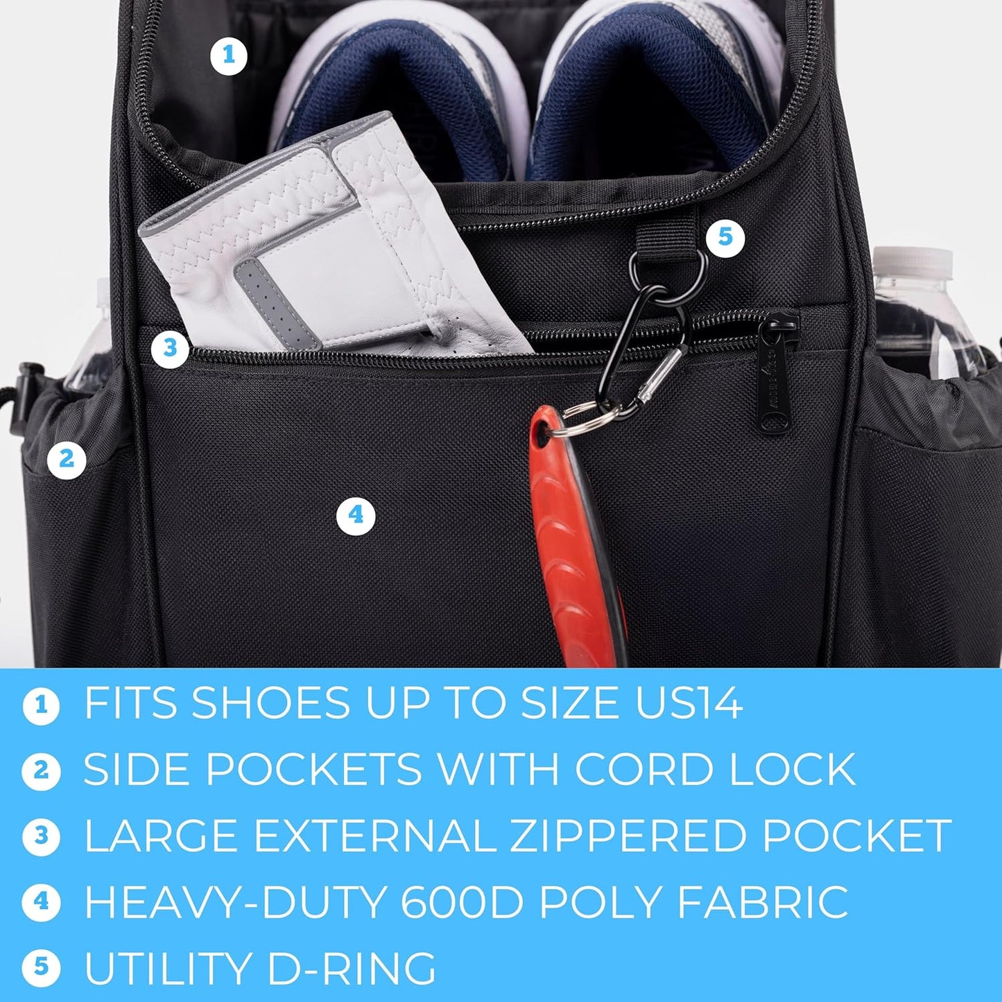 Athletico Elite Edition Golf Shoe Bag - Zippered Shoe Carrier Bags With Ventilation & Outside Pocket for Socks, Tees, etc. (Black)