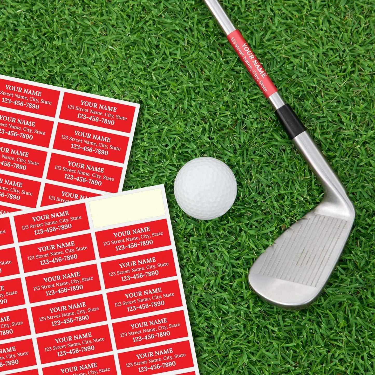 Custom Red Golf Club ID Labels, Personalized Golf Club Name Sticker,0.75x2 Inches, Set of 30, 4 Mil Vinyl Decal Stickers Weather Resistant, Made in USA by My Sign Center