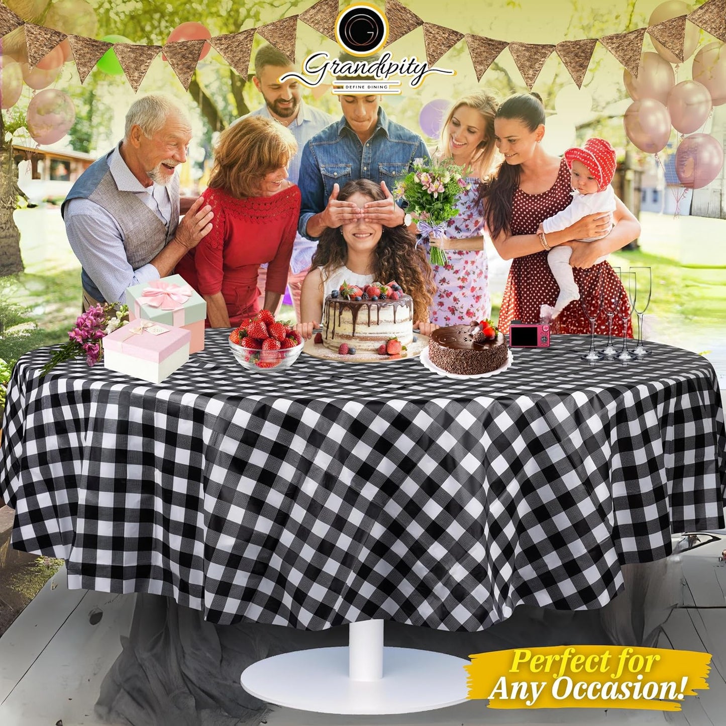 Grandipity 12 Pack Premium Disposable Plastic Tablecloth 84" Inch Decorative Round Checkered Table Cover - Black Checkered Gingham
