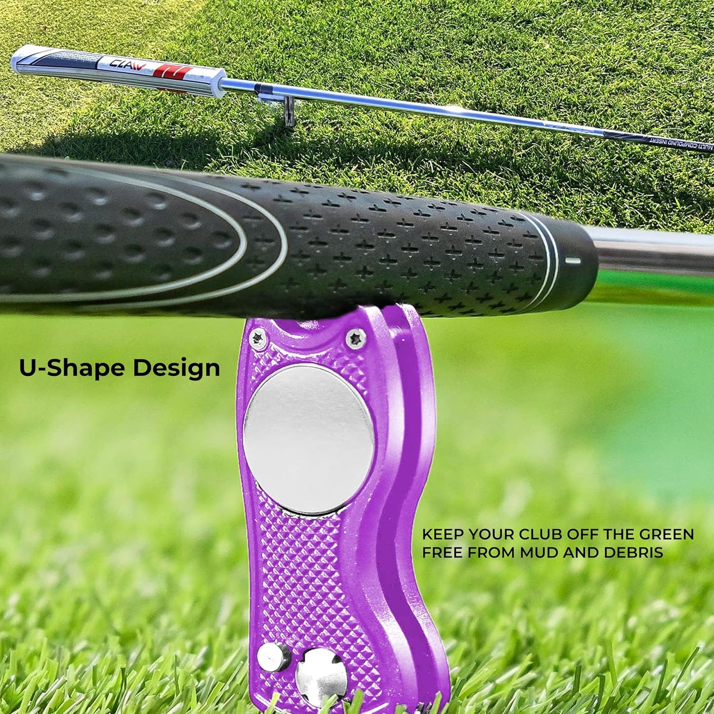 Golf Divot Tool with Magnetic Ball Marker, Multifunctional Divot Tool, Foldable Fork,Fix Divots, Clean Clubs and Cleats, U Shape Bottom can Hold Club