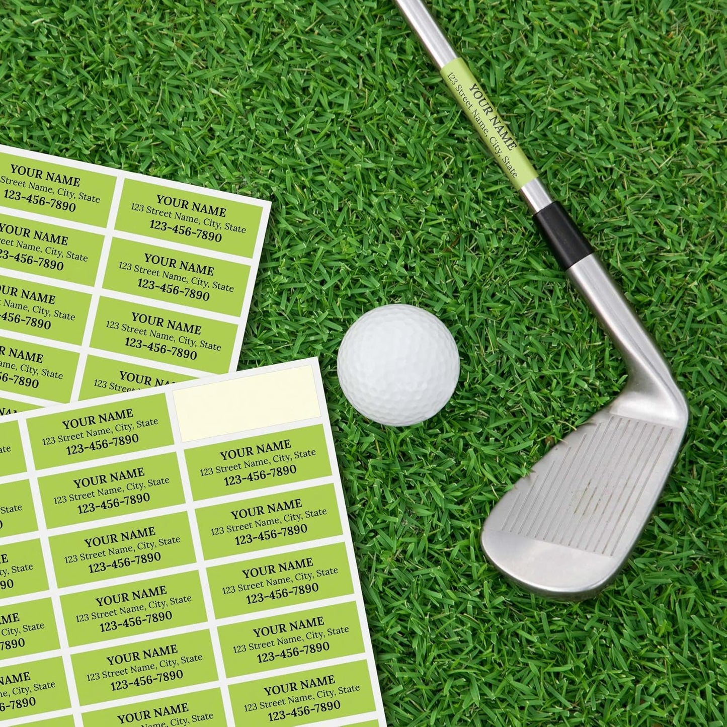 Custom Light Green Golf Club ID Labels, Personalized Golf Club Name Sticker,0.75x2 Inches, Set of 30, 4 Mil Vinyl Decal Stickers Weather Resistant, Made in USA by My Sign Center