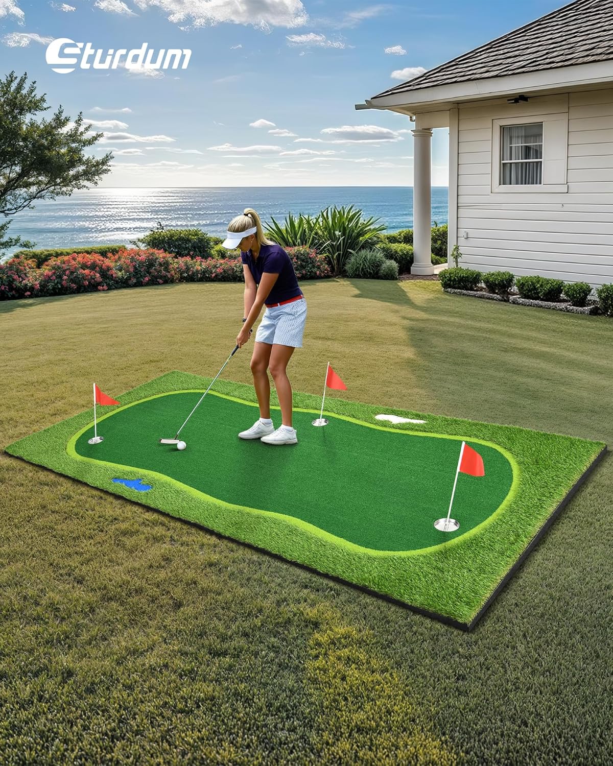 Golf Putting Green, Professional Grade Large Golfing Putting Mats with Sand Pit and Water Hazard for Indoor Outdoor
