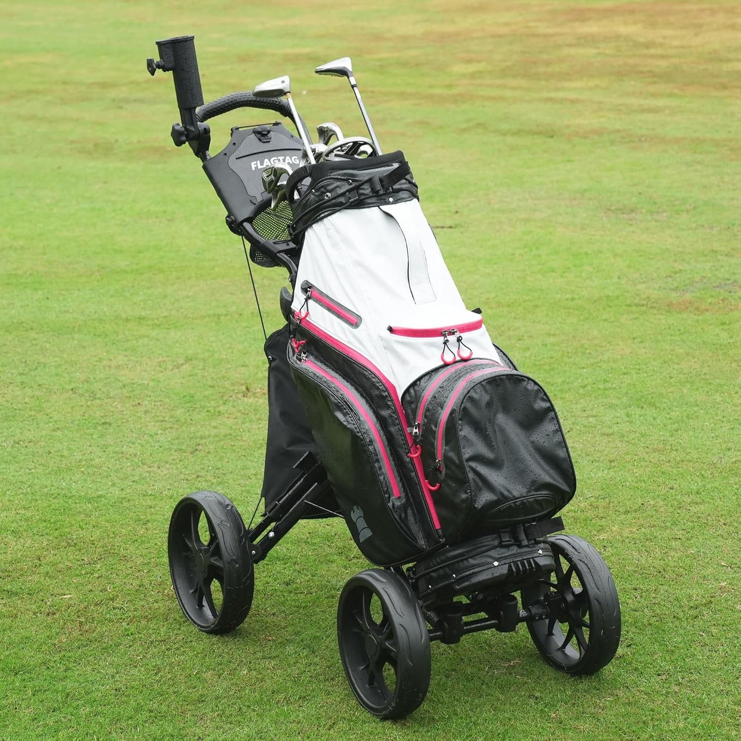 Golf Push Cart 4-Wheels,Folding Golf Cart, Golf Pull cart with Cup Holder,Umbrella Holder,Cooler Bag, Foldable with one-Click,Handle Height Adjustable,Drink Holder,Walking Push cart