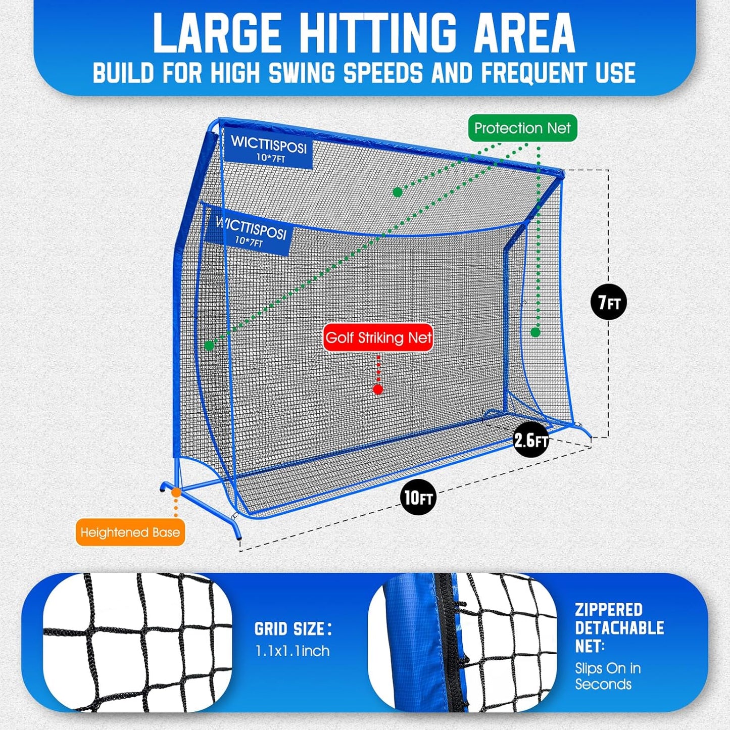 Golf Hitting Net with Extra Striking Net, 10x7ft/7x7ft Heavy Duty Golf Practice Nets for Golfers Backyard Driving Swing, Golf Impact Cage Metal Frame with Storage Bag&Elevated Base, Indoor Outdoor Use