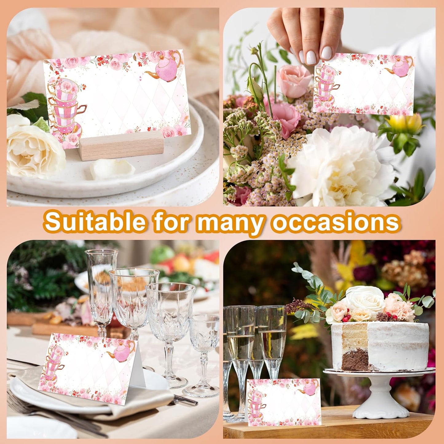 Tea Party Place Cards, Garden Floral Tea Cup Table Place Cards For Table Setting, Pink Name Cards For Birthday Baby Shower Girls Party Ladies Event Dinner Wedding, 25 Cards Included -06