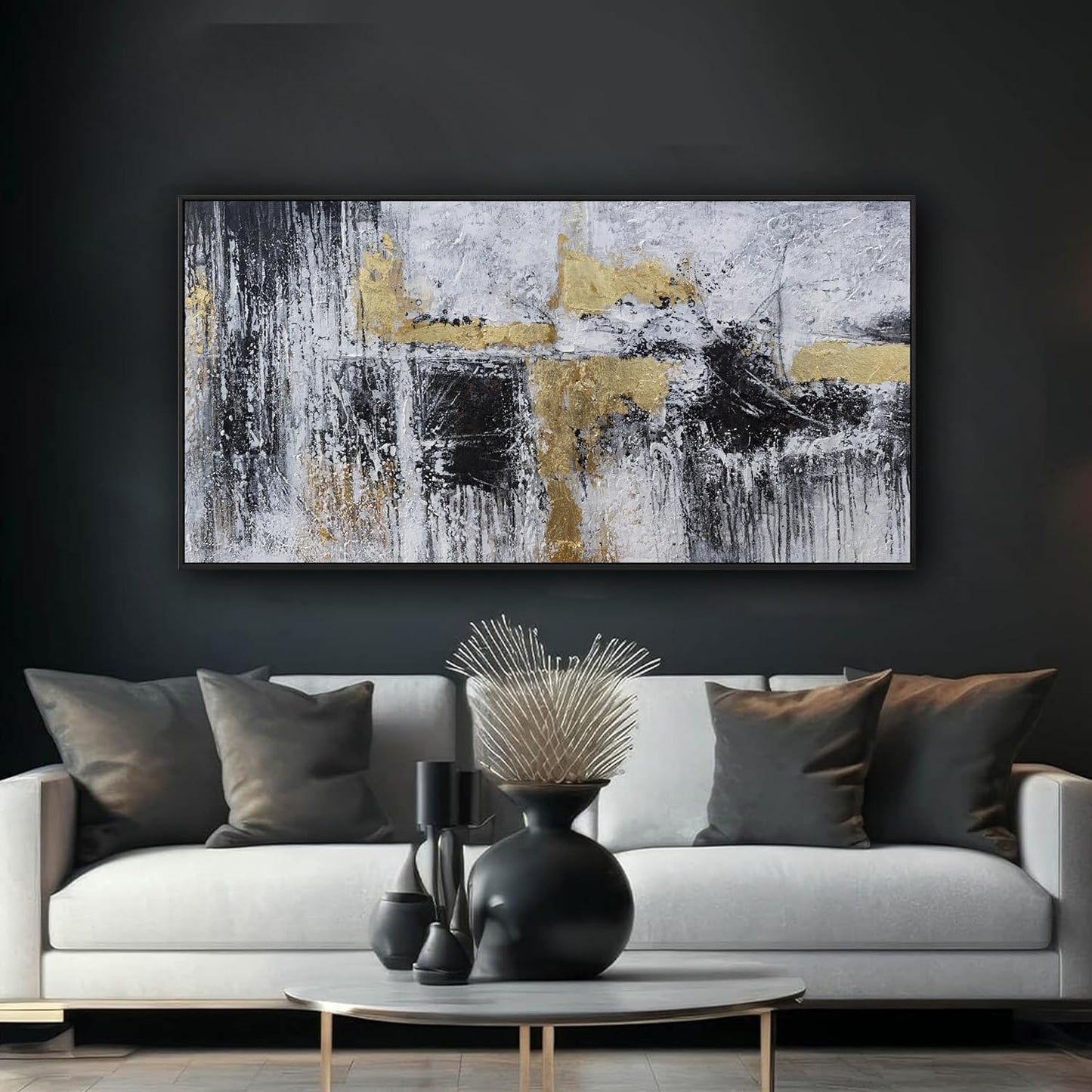 Abstract Wall Art Small Size Black And Gold Modern Minimalist Artwork Framed Home Artwork Decor Modern Minimalist Canvas Painting Living Room Decor For Bedroom Office Wall Decor 20"X40"