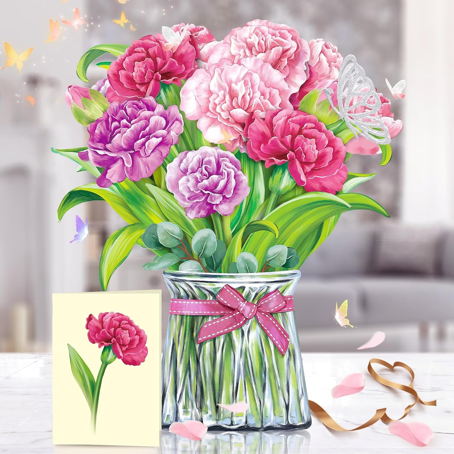 Airpark Pop Up Flower Card, 3D Greeting Card – Pink Carnations – For Mom, Grandma – Ideal for Mother’s Day, Birthday, Appreciation