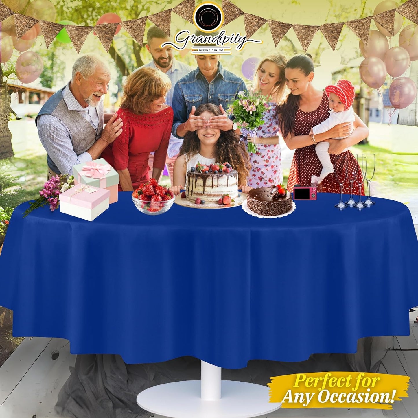 Grandipity 12 Pack Premium Disposable Plastic Tablecloth 84" Inch Decorative Round Table Cover - Blue