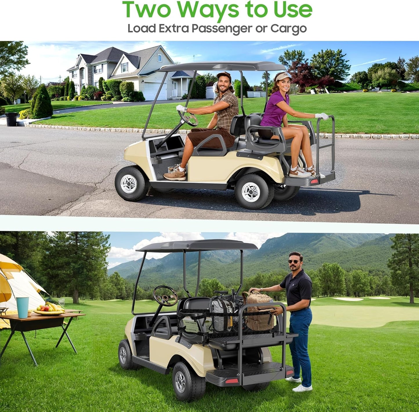 10L0L Golf Cart Rear Flip Seat Kit for Club Car DS Gas & Electric, Deluxe Flip Folding Back Seat Kit with Widened Grab Bar, Black Leather Cushions, Cargo Net