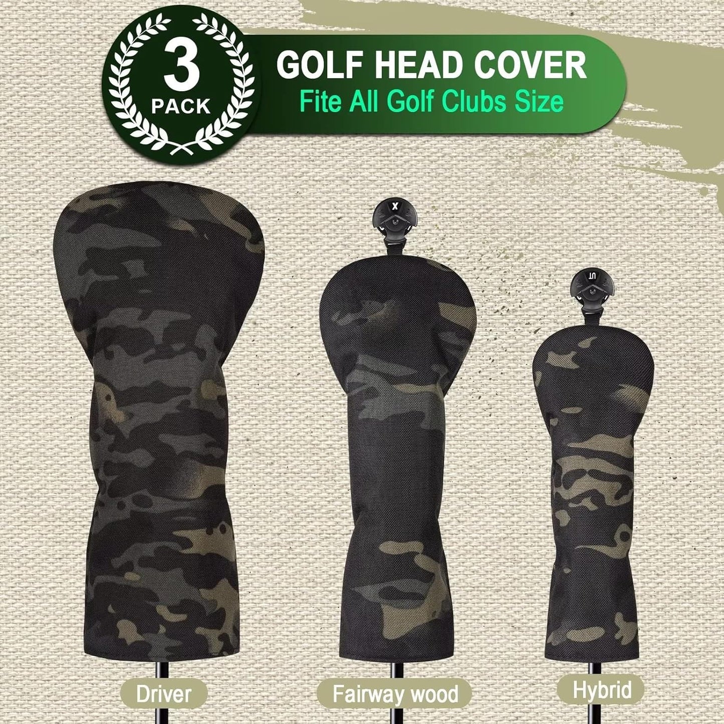 3 Pack Camouflage Golf Club Head Covers for Driver, Fairway Woods and Hybrid with Rotatable Number Tag