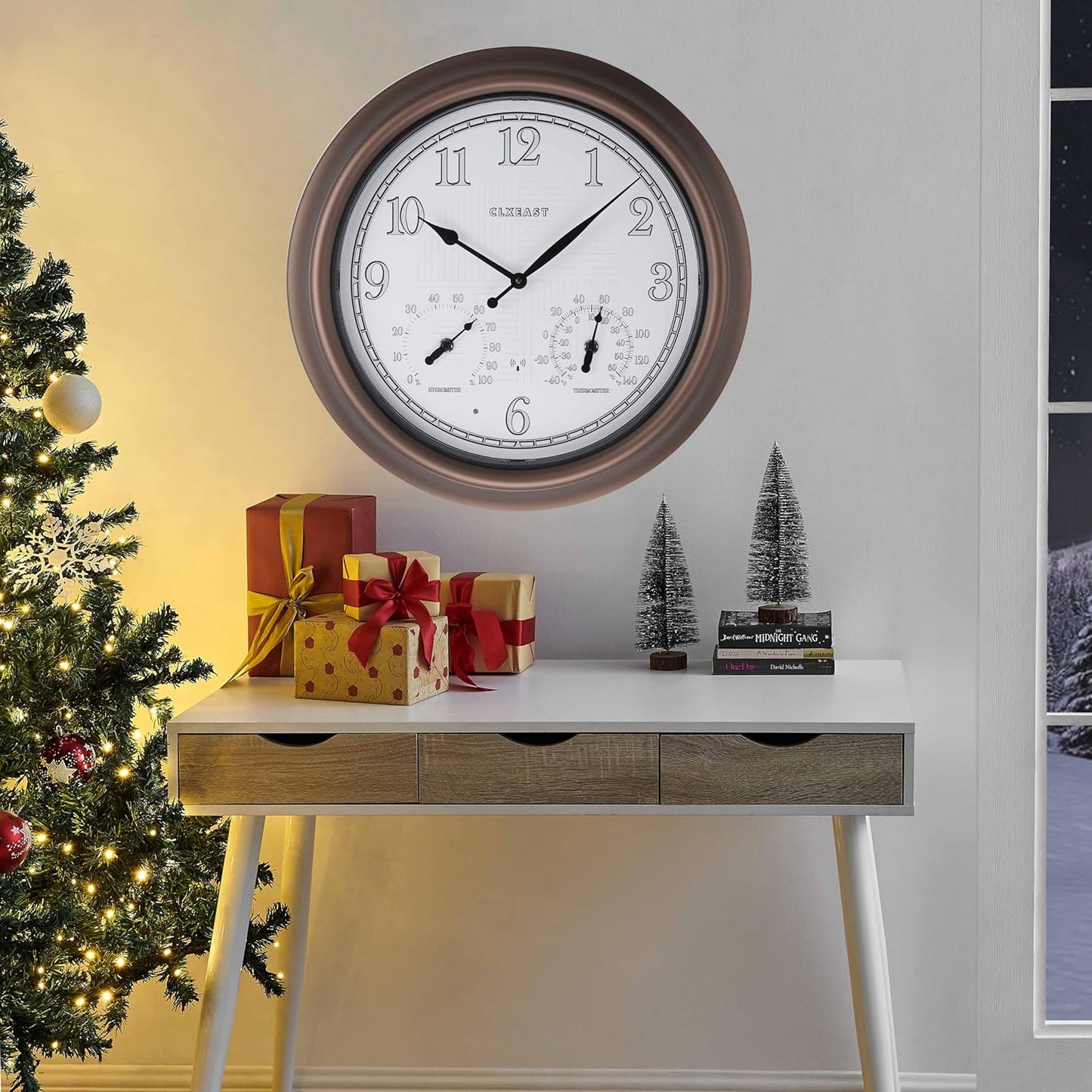 CLXEAST 18 Inch Illuminated Outdoor Indoor Atomic Analog Wall Clock with Temperature & Humidity, Lighted Outdoor Clocks for Patio Large Waterproof with Thermometer,Bronze Finish,House Warming Gifts