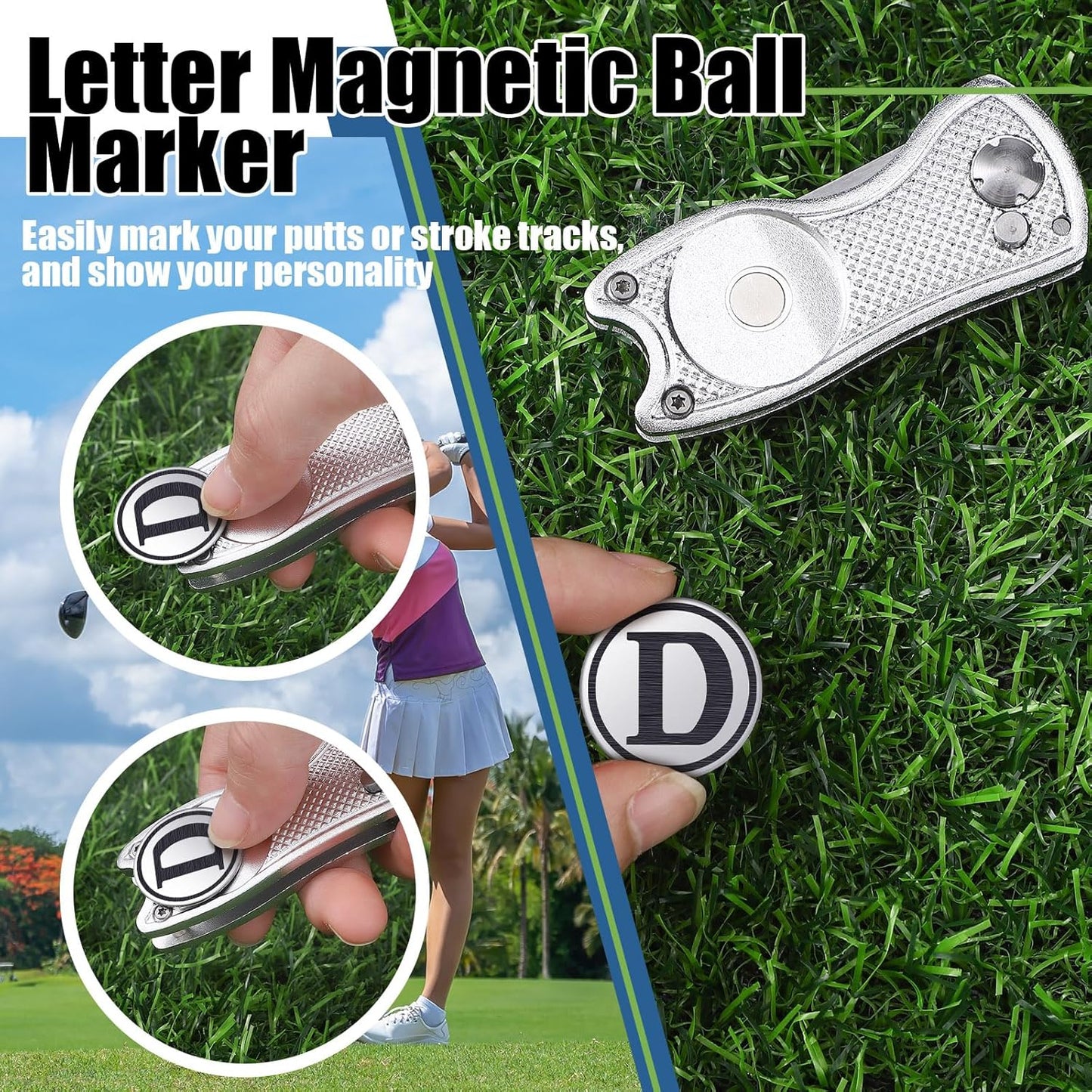 Golf Divot Repair Tool with Letter Custom Monogrammed Initial Ball Marker Divot Tool Foldable Metal with Magnetic Putt Alignment Golf Gifts for Men Father Golfer Christmas