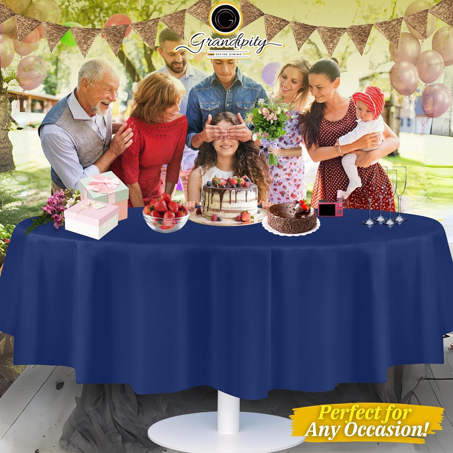 Grandipity 12 Pack Premium Disposable Plastic Tablecloth 84" Inch Decorative Round Table Cover - Navy Blue