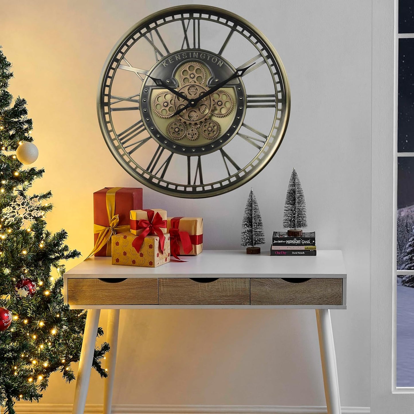 CLXEAST 21 Inch Large Moving Gears Wall Clock for Modern Farmhouse Living Room Decor, Brass Gold Roman Numerals Wall Clock Battery Operated,Reloj De Pared para Sala