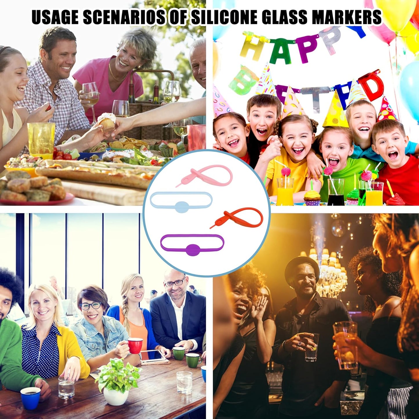 Lasiyanor Cup Markers for Drinks, 24Pcs Silicone Drink Marker Bands Bottle Strip Tag for Bar Party Martinis Cocktail Champagne Stem Glasses