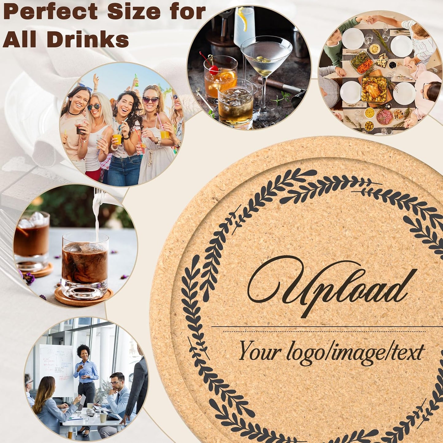 30-100Pcs Personalized Cork Coastersfor Drink, Custom Drink CoasterSet with Lip, Laser Engraved Name Text Logo, Non-Slip, Heat-Resistant, Absorbent Bar Coasters, Wedding Anniversary Housewarming Gift