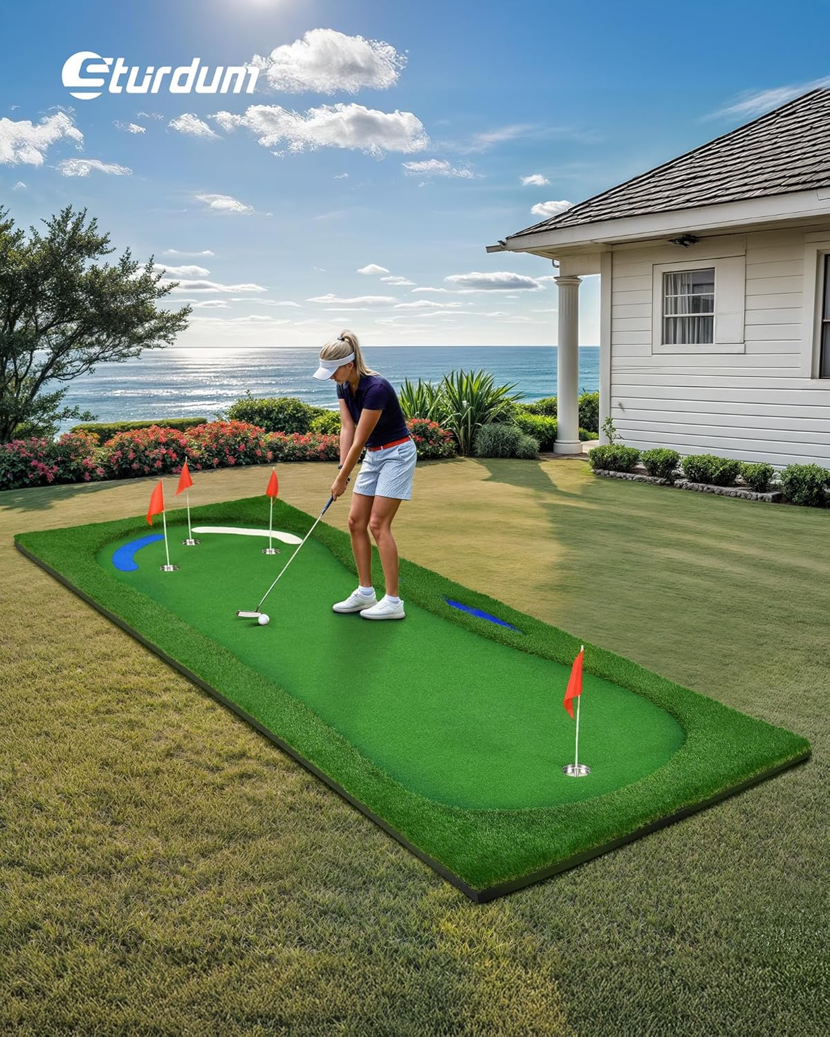 Golf Putting Green, Professional Grade Large Golfing Putting Mats with Sand Pit and Water Hazard for Indoor Outdoor