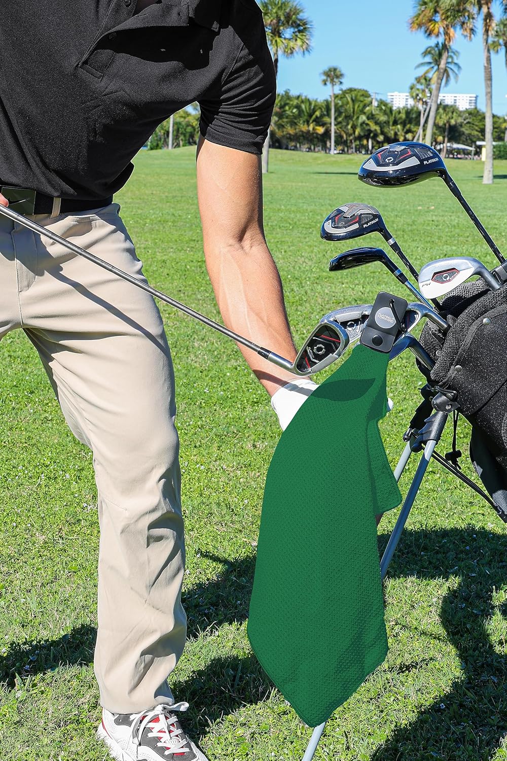 Magnetic Golf Towels for Golf Bags with Clip & Ultra Strong Magnet - Waffle Weave Microfiber Towel for Secure Hold on Bags & Carts - Ideal Club Cleaner & Accessories - Green