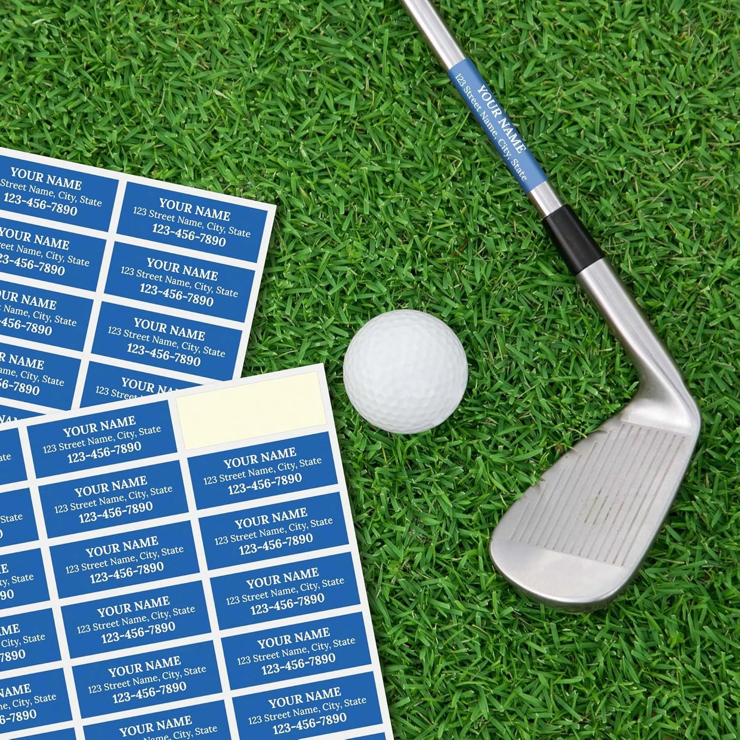 Custom Blue Golf Club Labels, Personalized Golf Club Name Sticker,0.75x2 Inches, Set of 30, 4 Mil Vinyl Decal Stickers Weather Resistant, Made in USA by My Sign Center