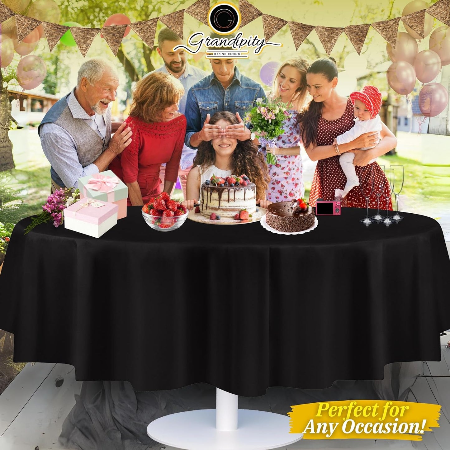 Grandipity 12 Pack Premium Disposable Plastic Tablecloth 84" Inch Decorative Round Table Cover - Black