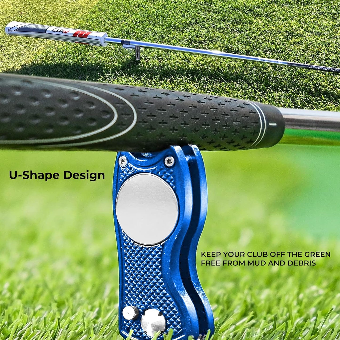 Golf Divot Tool with Magnetic Ball Marker, Multifunctional Divot Tool, Foldable Fork,Fix Divots, Clean Clubs and Cleats, U Shape Bottom can Hold Club