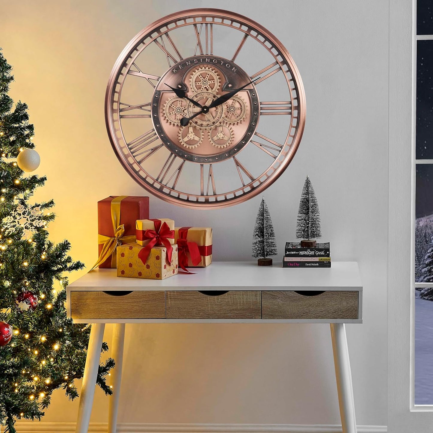 CLXEAST 28 Inch Oversized Large Moving Gears Wall Clock,Industrial Vintage Rose Gold Silent Wall Clock for Modern Farmhouse Living Room Home Decor,Copper Finish