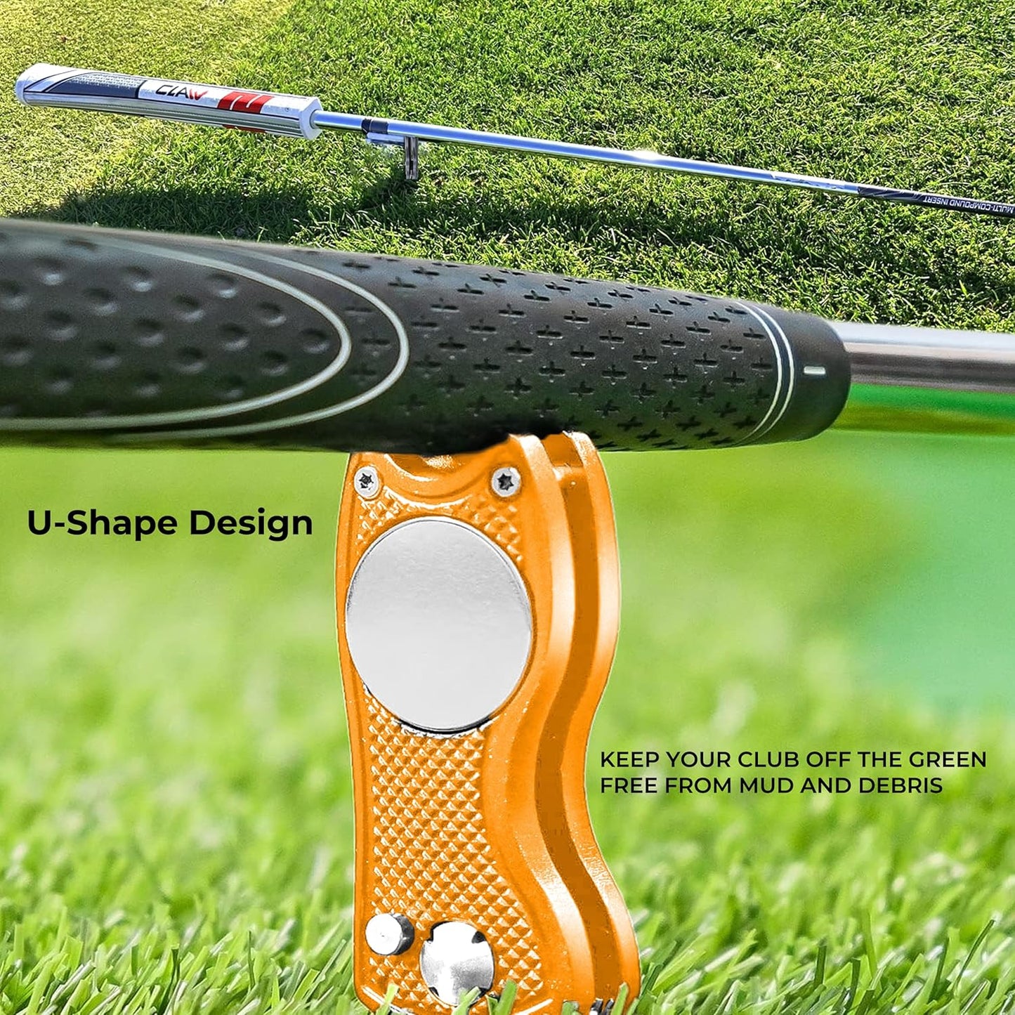 Golf Divot Tool with Magnetic Ball Marker, Multifunctional Divot Tool, Foldable Fork,Fix Divots, Clean Clubs and Cleats, U Shape Bottom can Hold Club