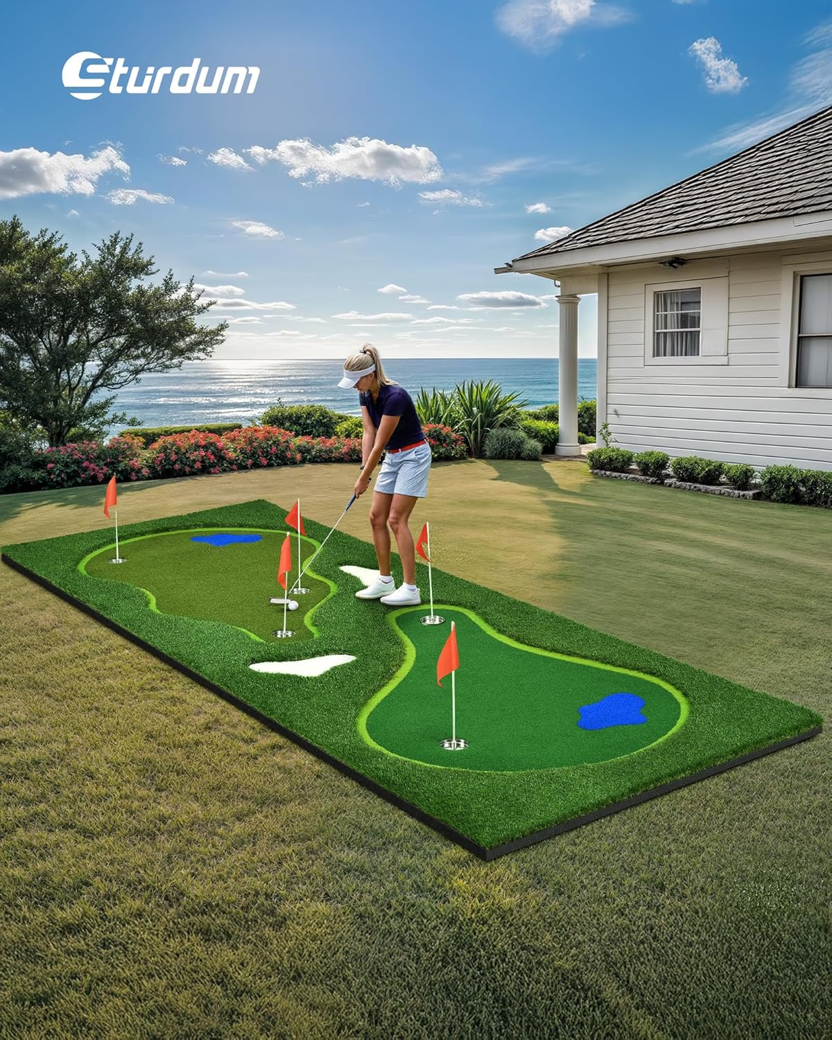 Golf Putting Green, Professional Grade Large Golfing Putting Mats with Sand Pit and Water Hazard for Indoor Outdoor