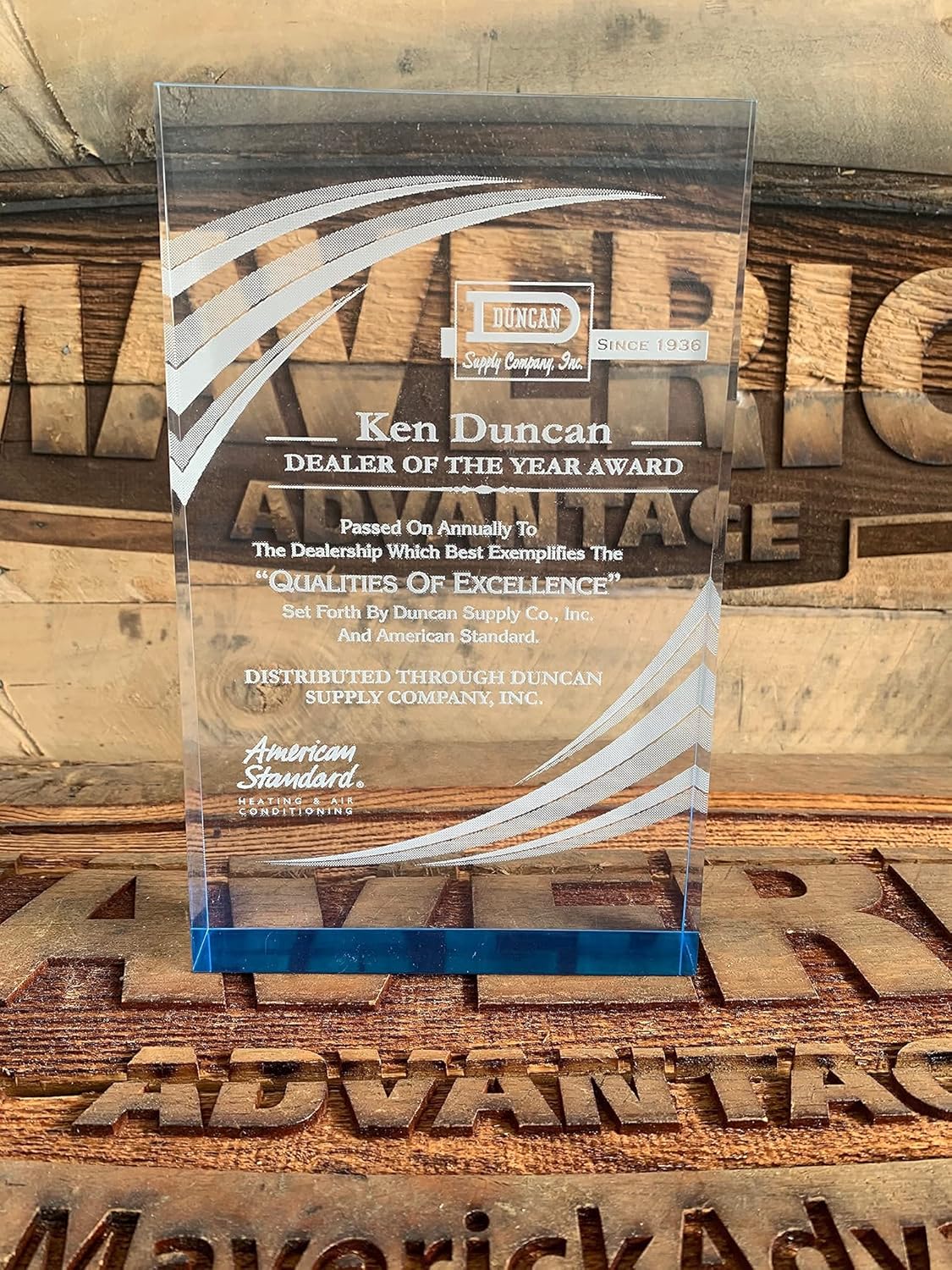 MAV Maverick Advantage 4" x 6" Blue Acrylic Wedge Trophy - Personalized Trophy - Self Standing! - Your Design!