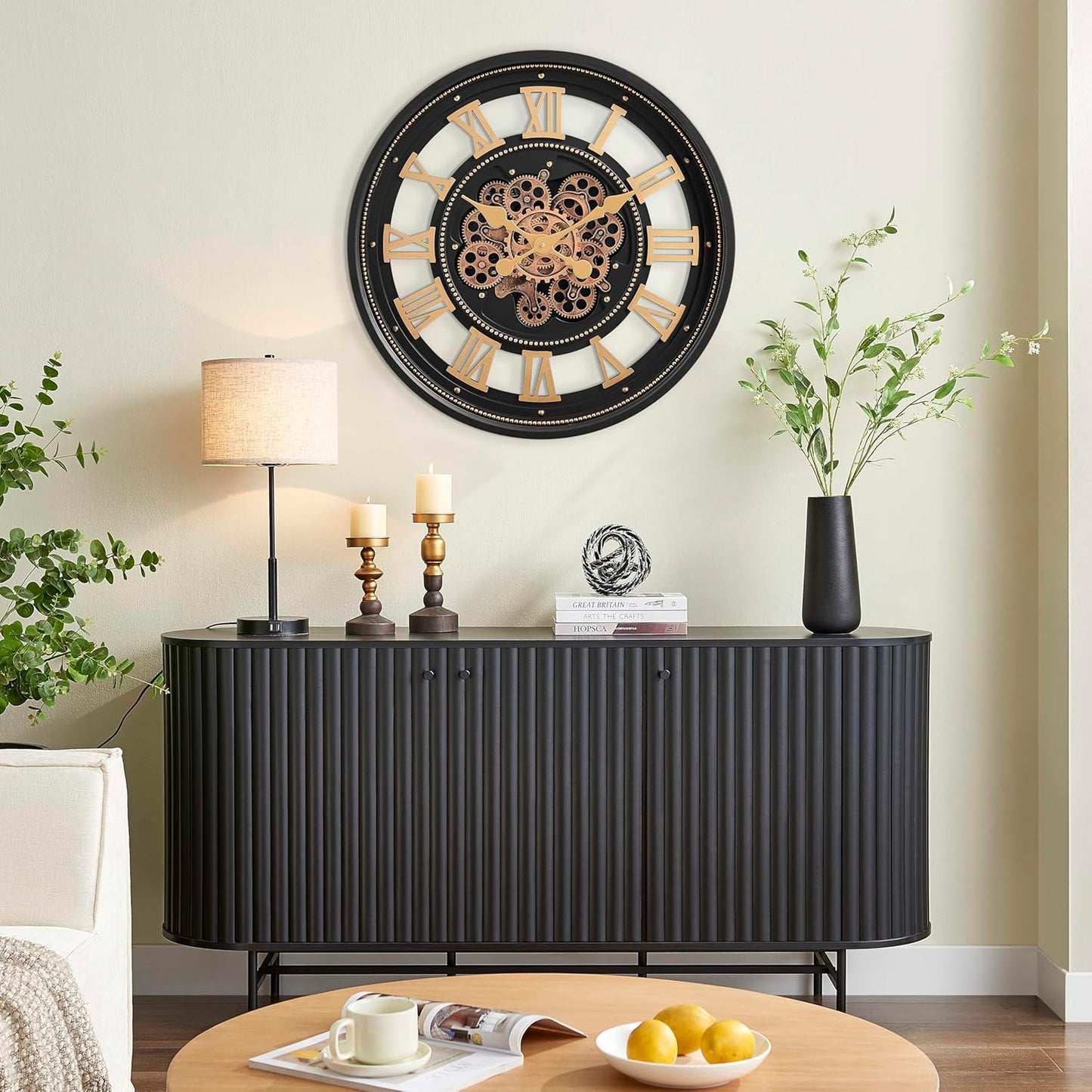 CLXEAST 24 Inch Wall Clock with Moving Gears, Large Roman Numeral Gear Clock for Living Room Decor,Modern Black& Gold Finish,House Warming Gifts New Home