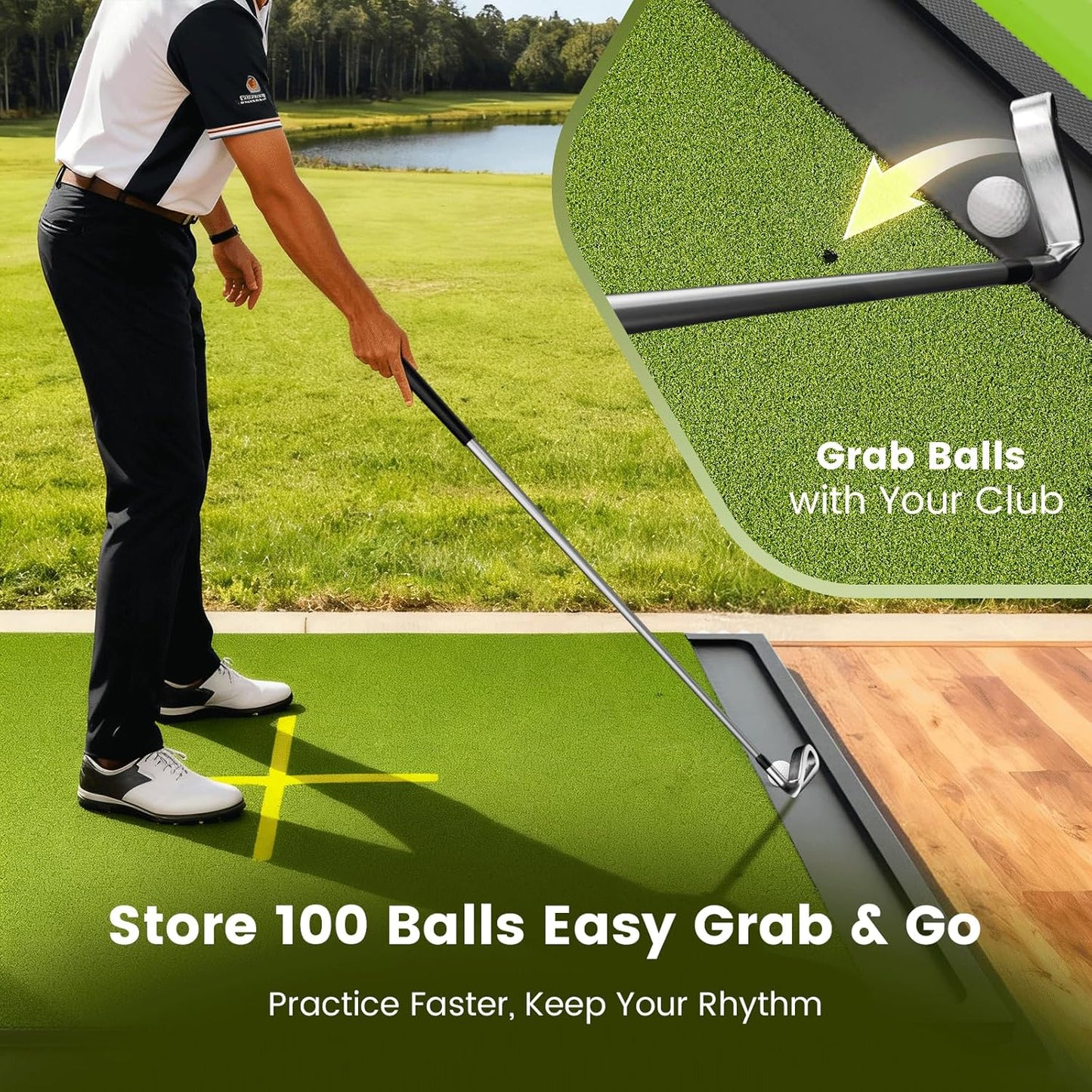 Golf Hitting Mat with Ball Tray, Stance Guide Cross-Line, 5x4ft & 6x4ft, 26mm & 31mm Thickness Green Turf Practice Mats for Indoor Outdoor, for Men, Dad, Husband & Golf Lovers