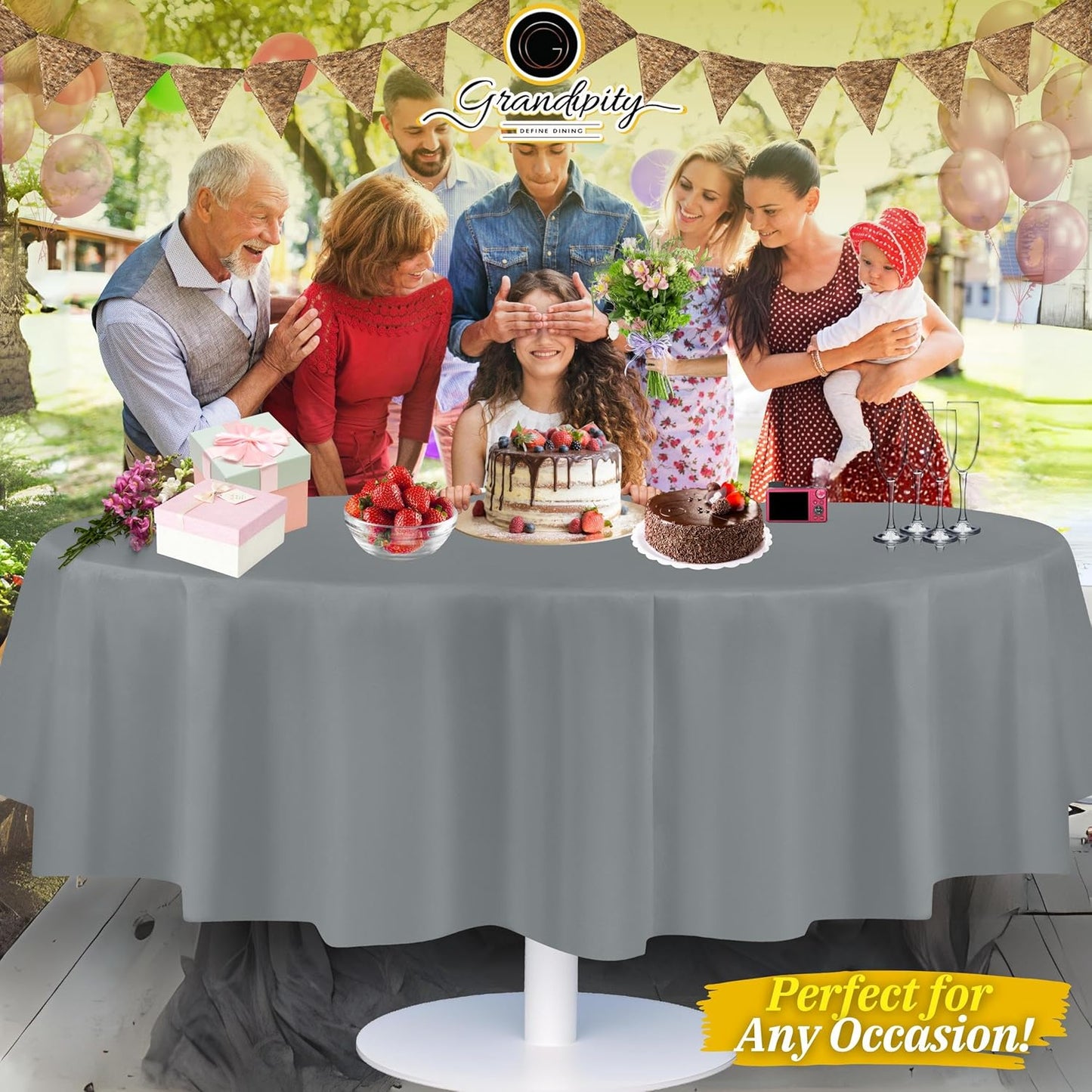 Grandipity 12 Pack Premium Disposable Plastic Tablecloth 84" Inch Decorative Round Table Cover - Silver